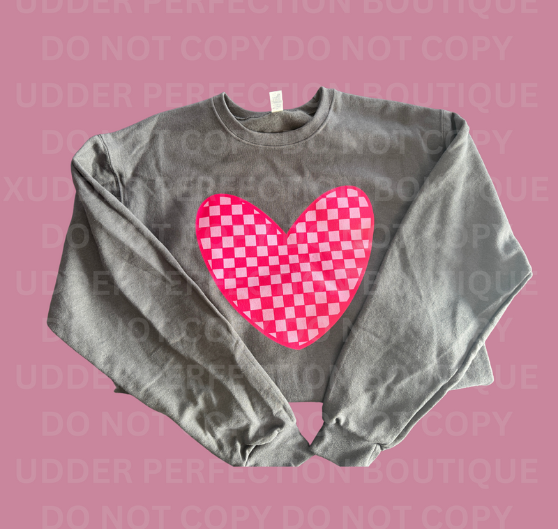 Pink Checkered Heart Crewneck- Charcoal