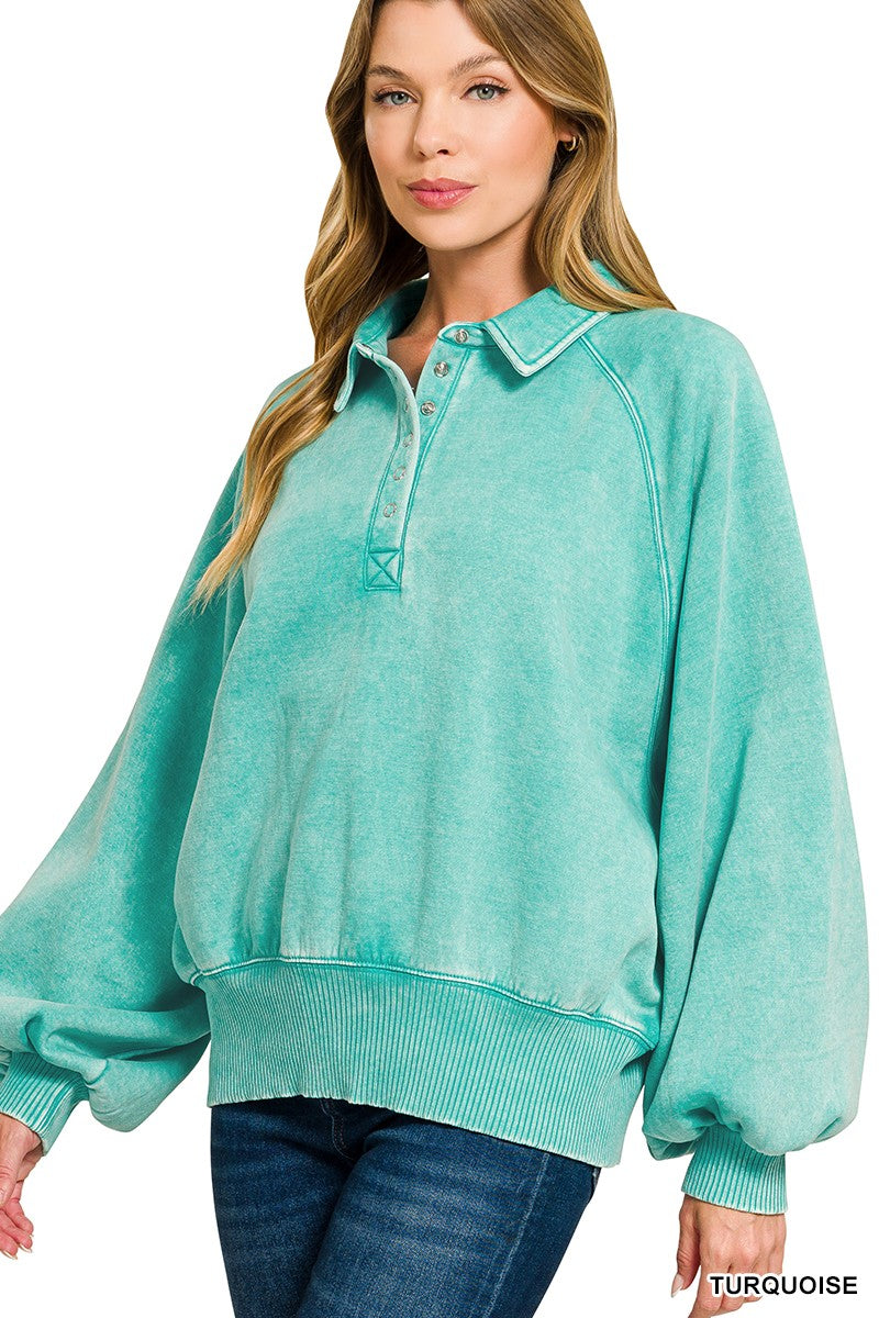 Acid Wash Button Up Pullover - 3 Colors