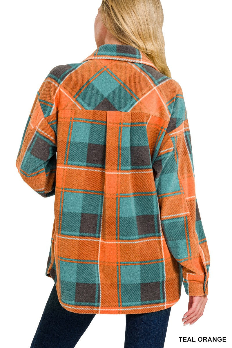 Polar Fleece Plaid Shacket-Teal/Orange