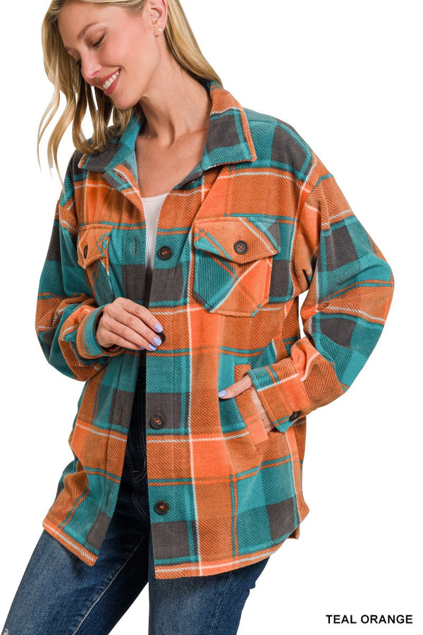 Polar Fleece Plaid Shacket-Teal/Orange