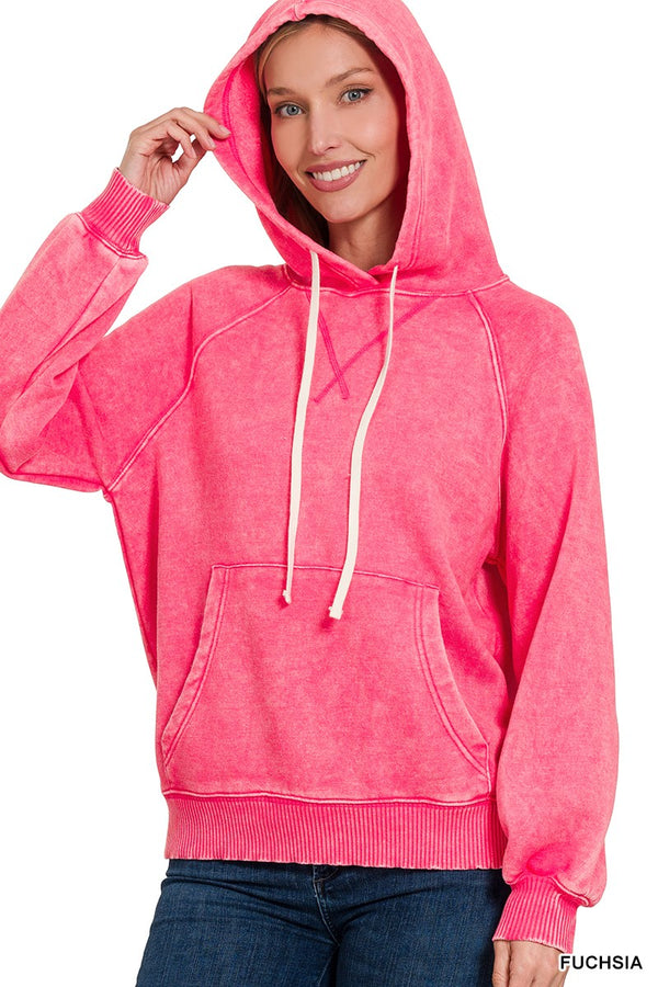 Acid Washed Hoodie- Fuchsia