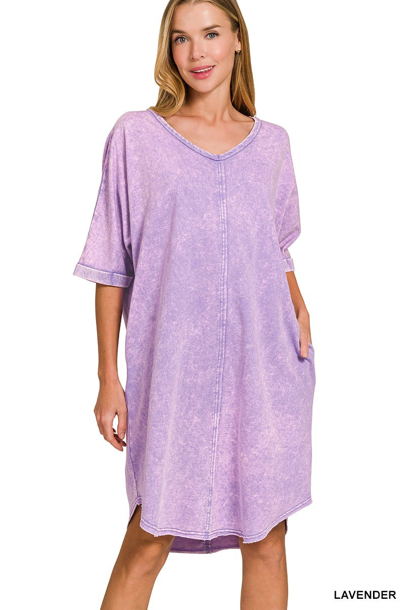 Acid Washed Tee Shirt Dress with Pockets
