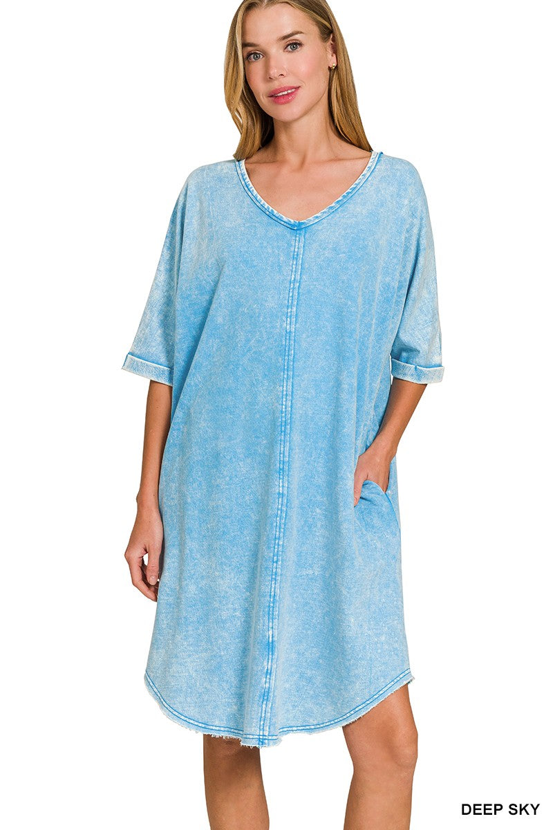 Acid Washed Tee Shirt Dress with Pockets