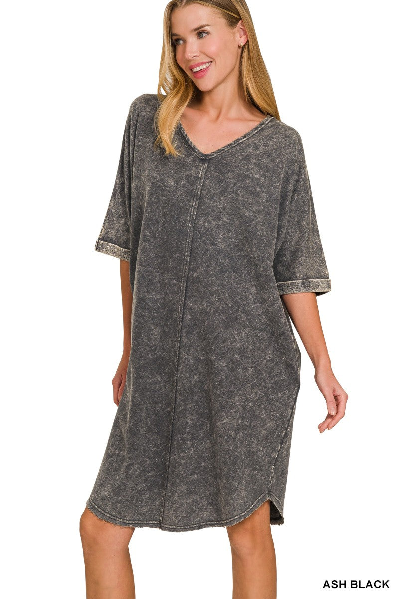 Acid Washed Tee Shirt Dress with Pockets