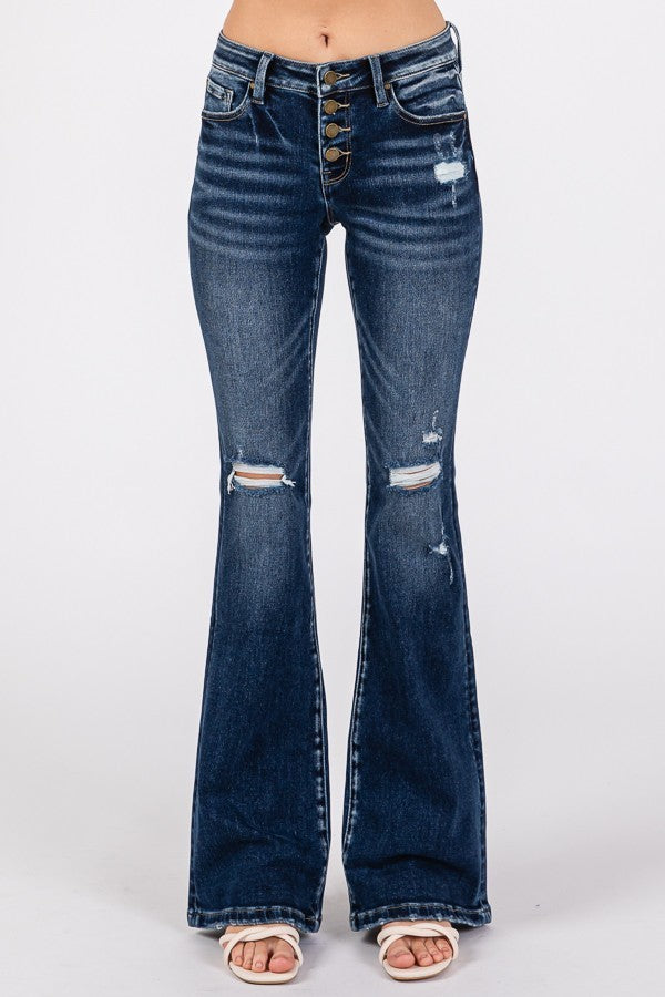 Button Up Distressed Low Rise Stretch Flared Jeans