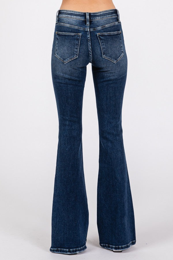 Button Up Distressed Low Rise Stretch Flared Jeans