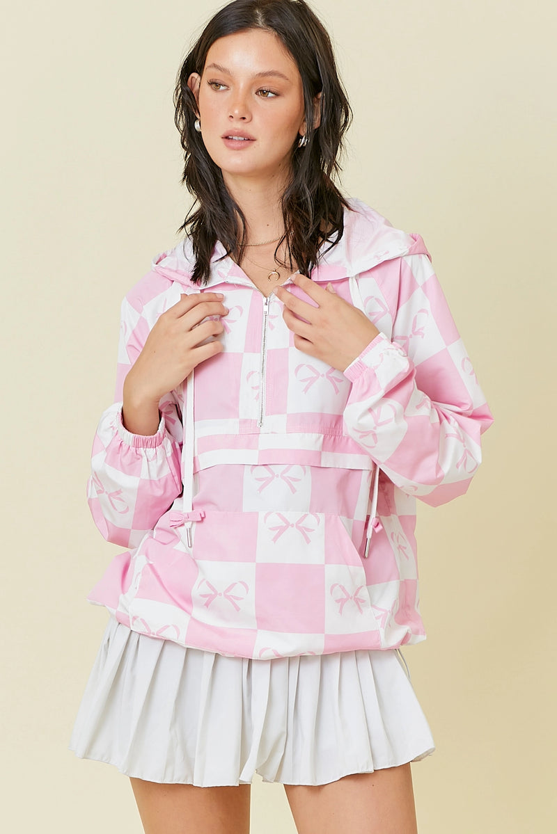 Coquette Checker Bow Windbreaker- Light Pink