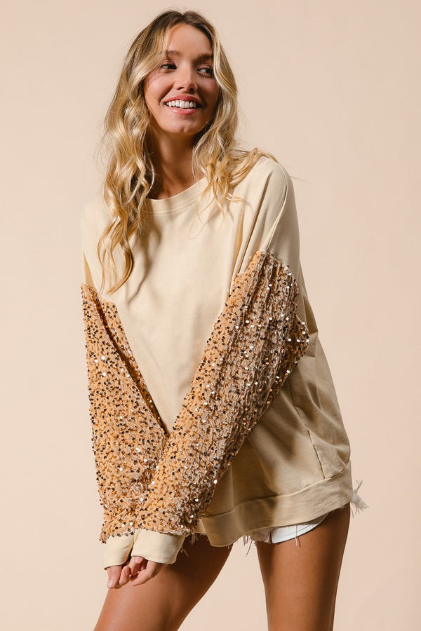 Sequin Sleeve Top-Oatmeal