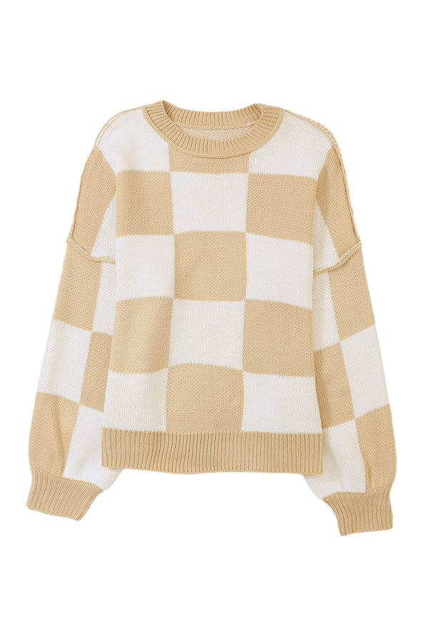 Checkered Crewneck Sweater- Khaki