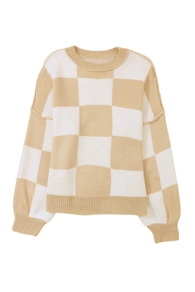 Checkered Crewneck Sweater- Khaki