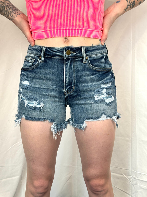 High Rise Frayed Shorts- Dark