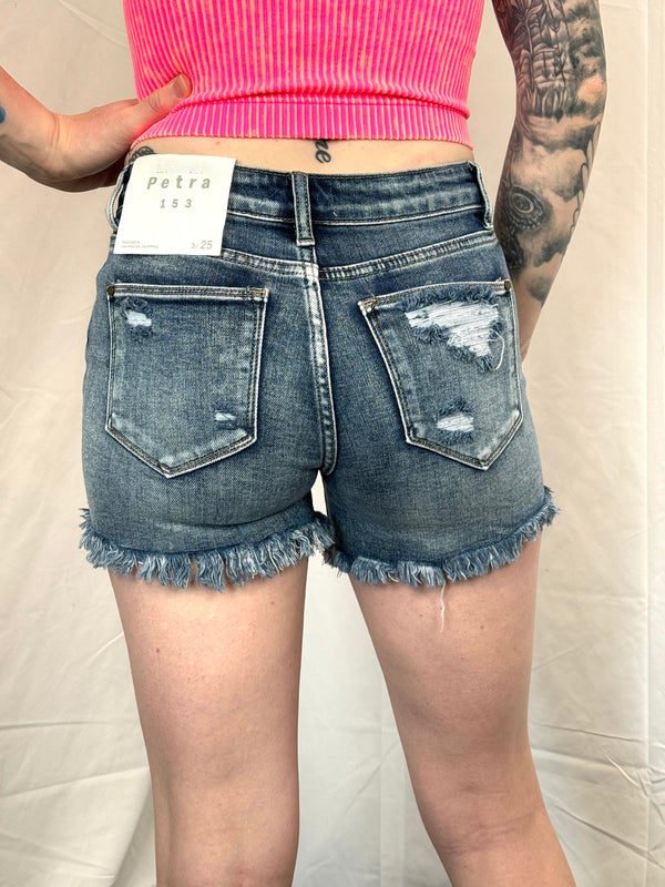 High Rise Frayed Shorts- Dark