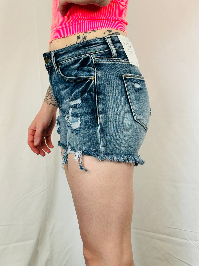 High Rise Frayed Shorts- Dark