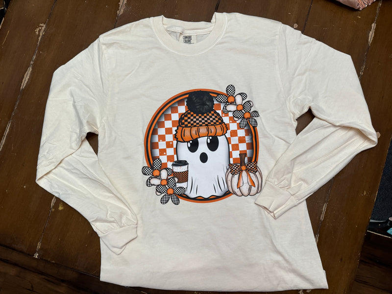 Checkered Ghost with Drink- Long Sleeve Ivory