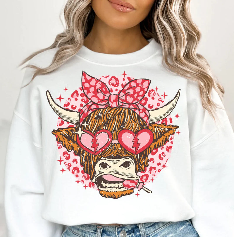 Valentine's Day Highland Cow Crew -White