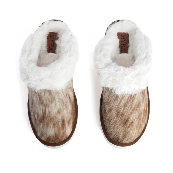 Brown & White Hair-on Hide Lined Slippers