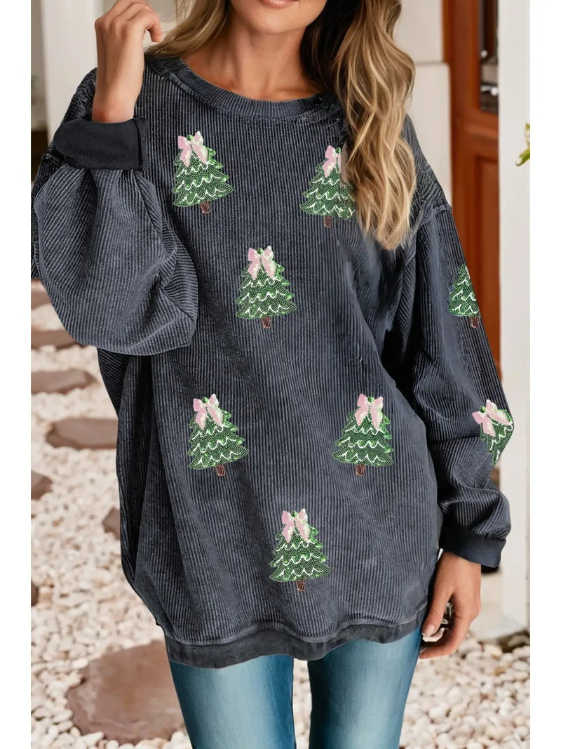 Ribbed Sequin Christmas Tree Baggy Top