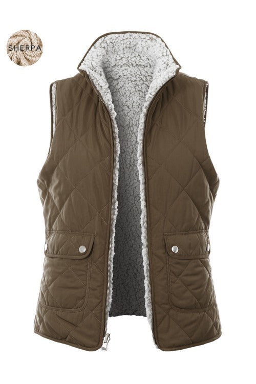 Reversible Sherpa Padded Puffer Vest with Pockets