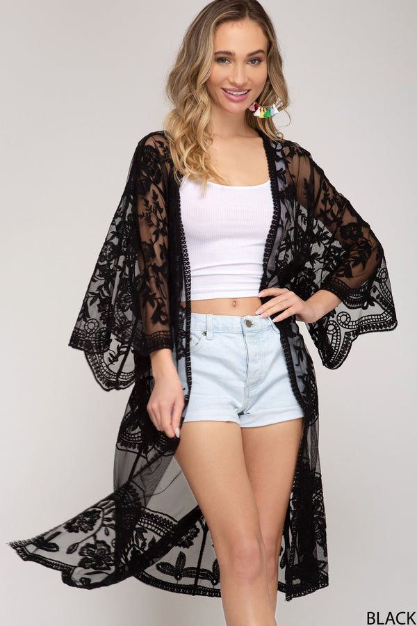 Crochet Lace Open Front Kimono Sleeve Cardigan