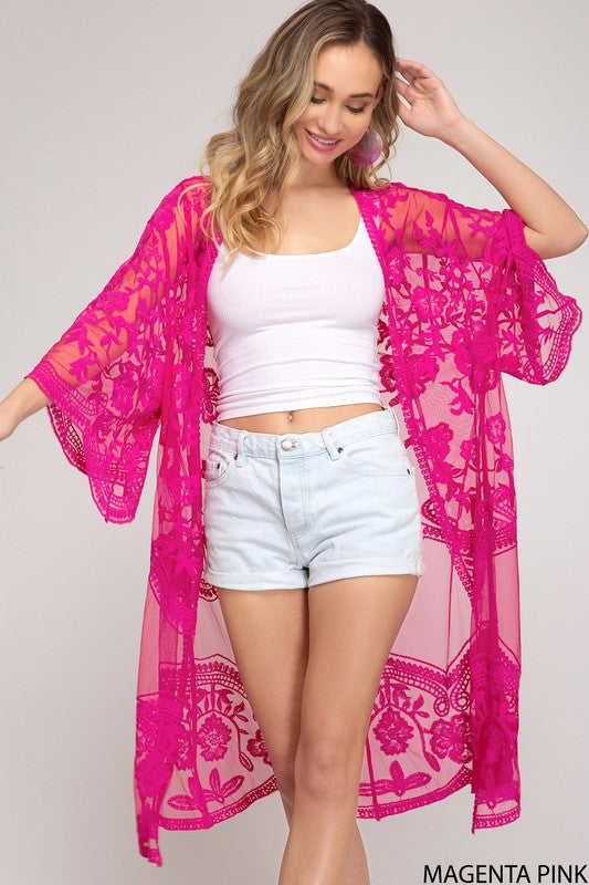 Crochet Lace Open Front Kimono Sleeve Cardigan