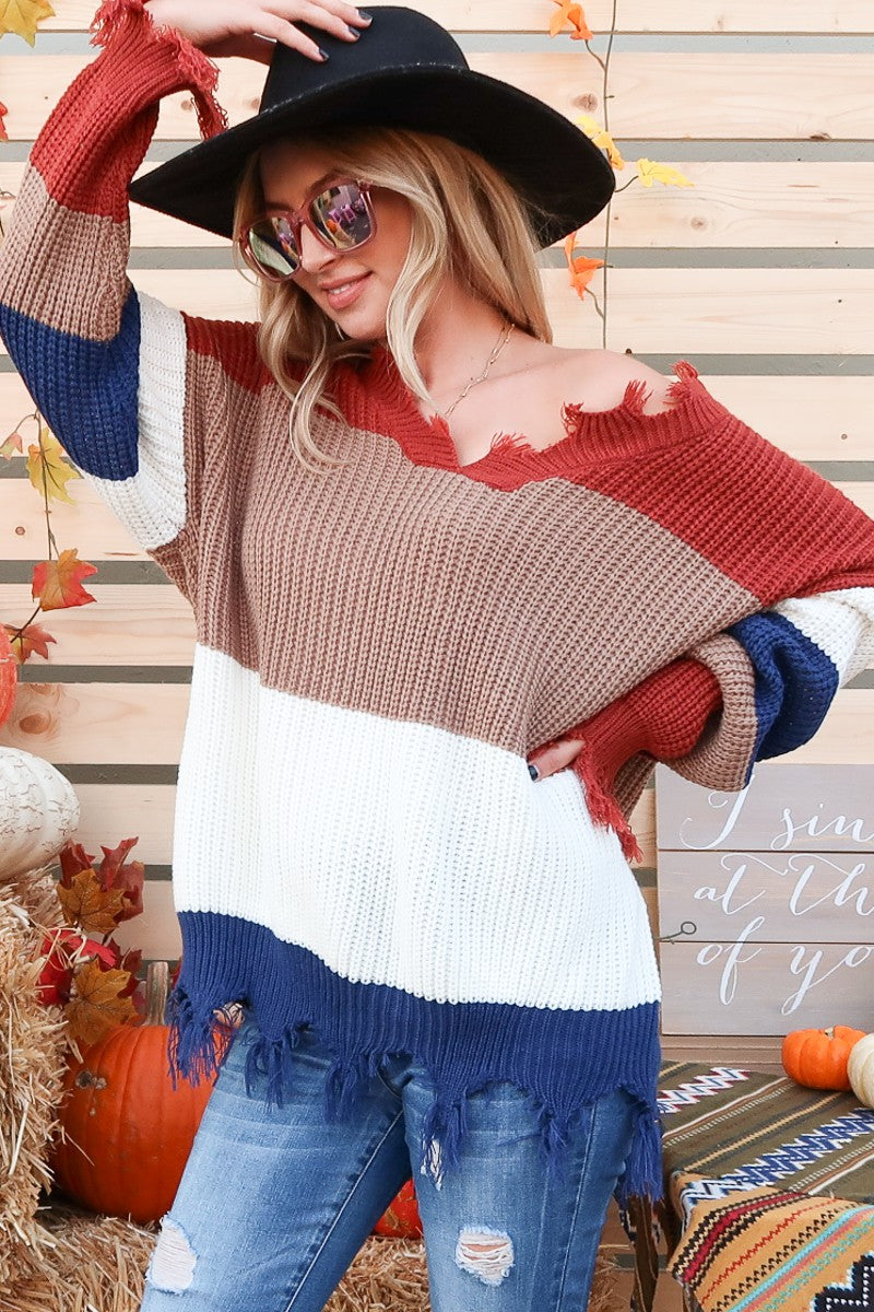 Multi Stripe Color Block Distressed Sweater