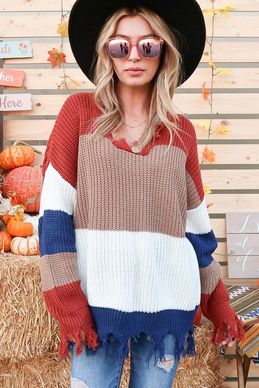 Multi Stripe Color Block Distressed Sweater