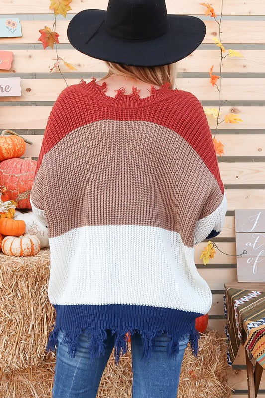 Multi Stripe Color Block Distressed Sweater