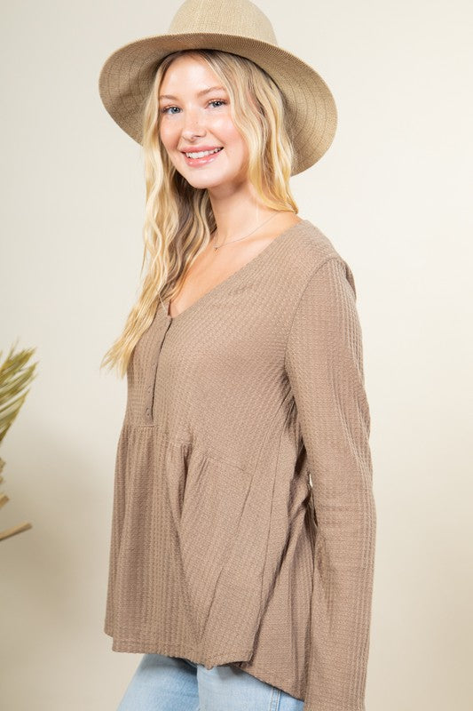 Solid Waffle Knit Button Down Comfy Top