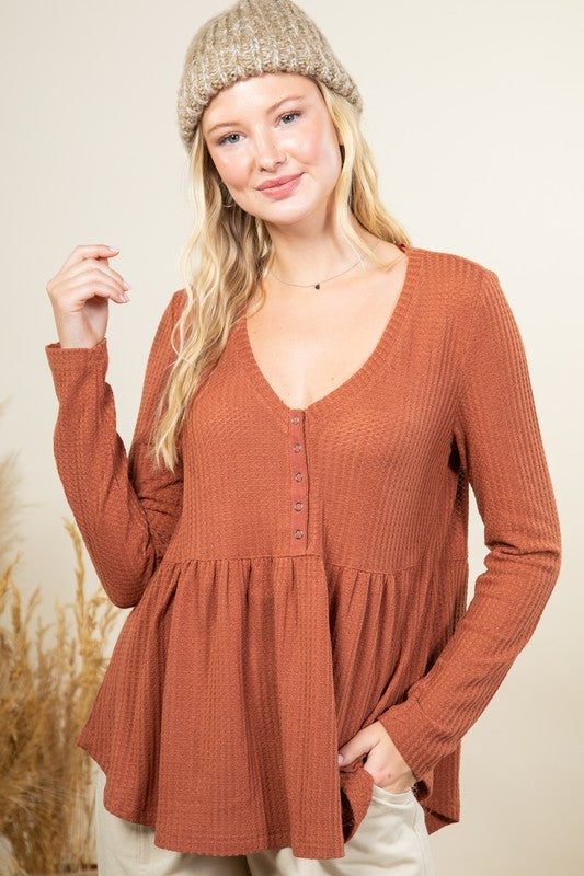 Solid Waffle Knit Button Down Comfy Top