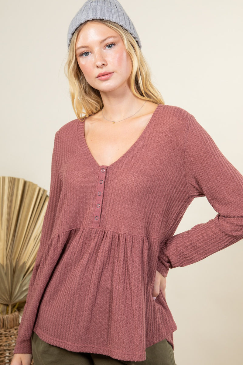 Solid Waffle Knit Button Down Comfy Top