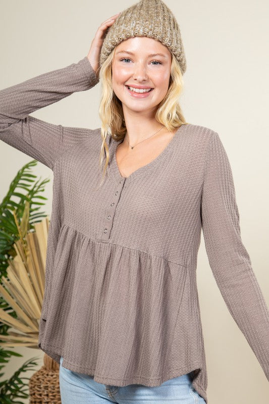 Solid Waffle Knit Button Down Comfy Top