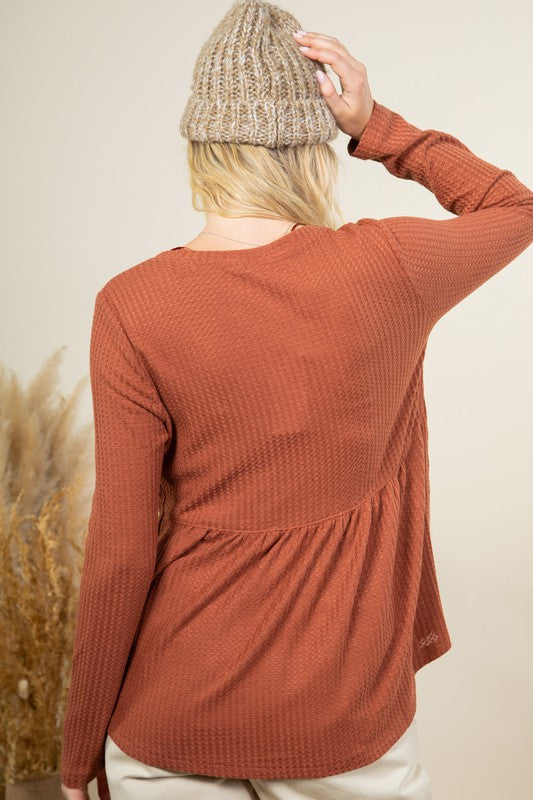 Solid Waffle Knit Button Down Comfy Top