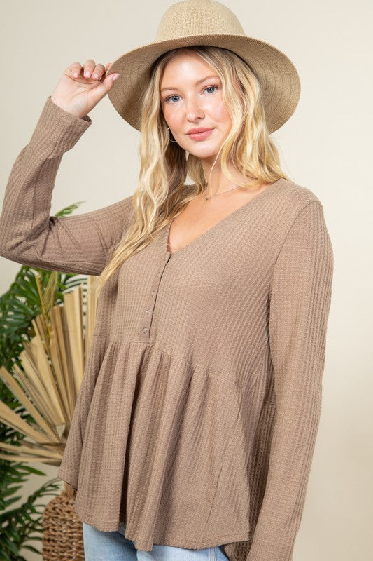 Solid Waffle Knit Button Down Comfy Top