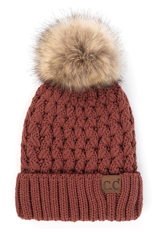 Lattice Crossover Stitch Pattern Beanie Hat With Pom