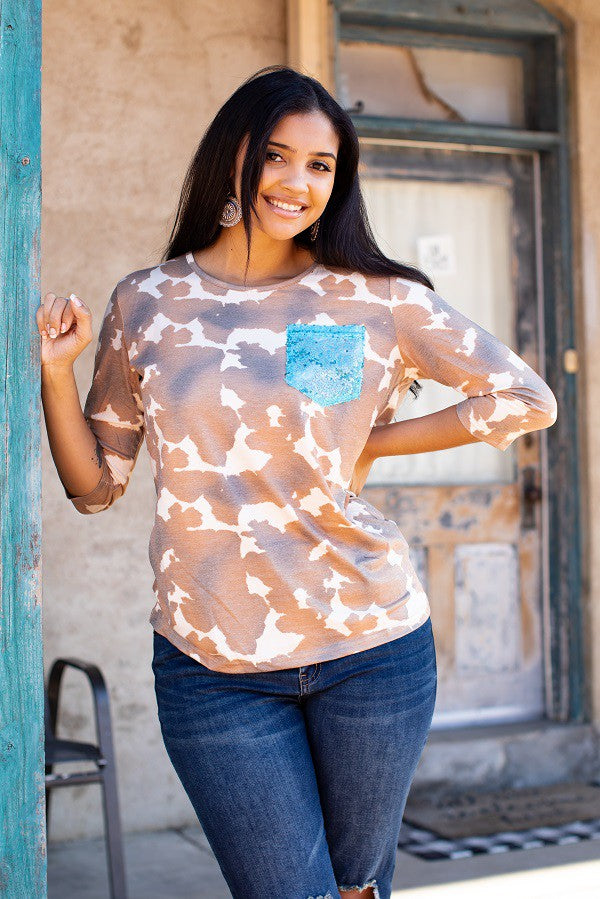 Printed Sequin Pocket Tee - Cow Print