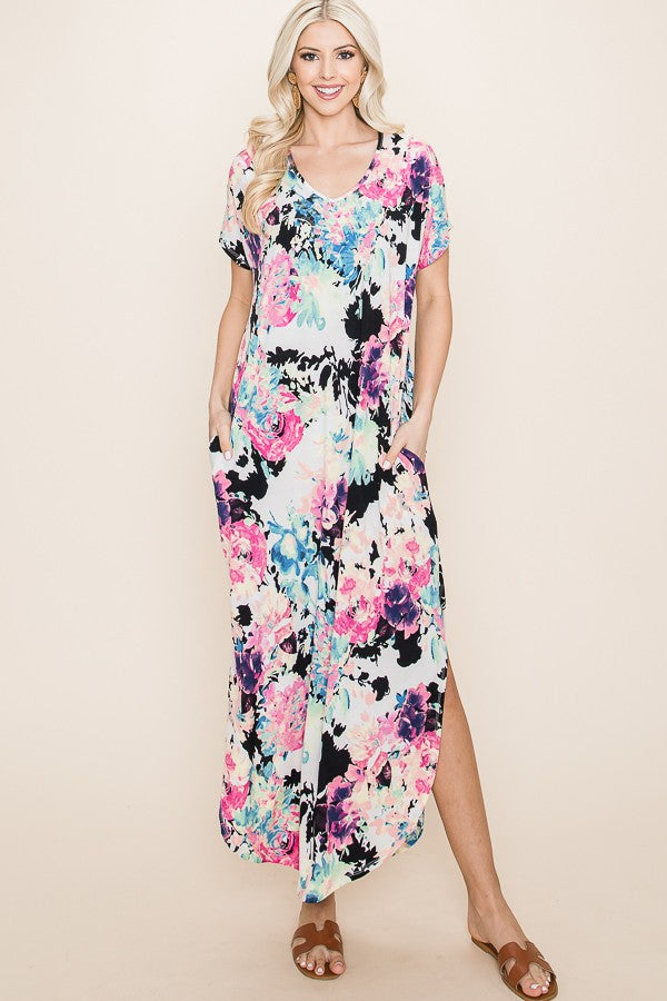 Floral Print Short Sleeve Maxi Dress