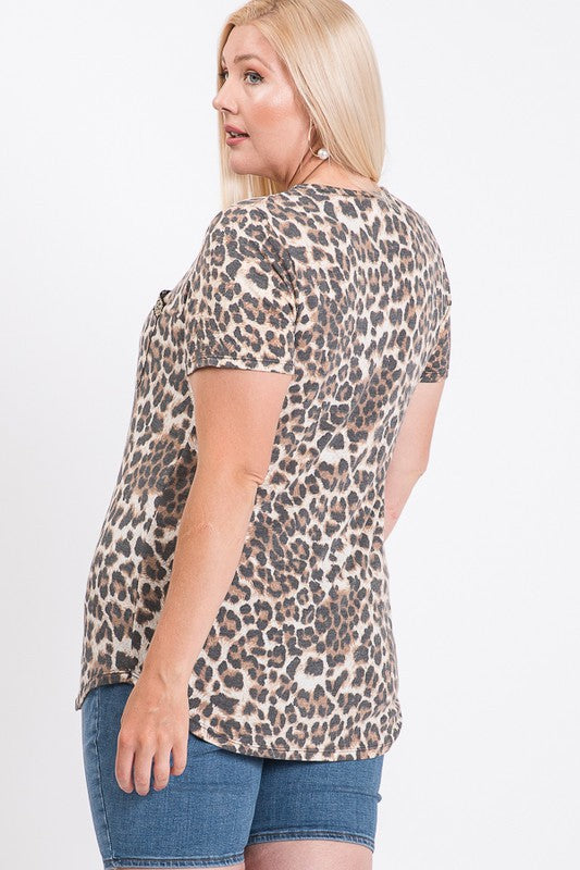 Metallic Trimmed Leopard Tunic Top Plus -Mocha