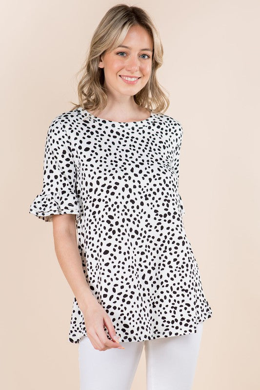 Ruffled Sleeve Print Tunic Top Plus - Ivory