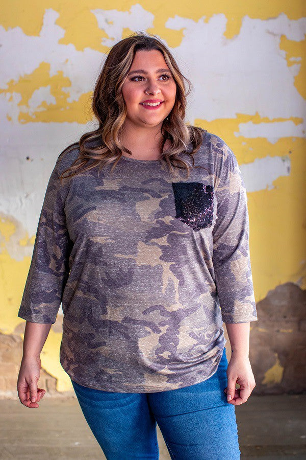 Printed Sequin Pocket Tee Plus - Camo